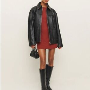 Reformation Veda Bennett Oversized Leather Bomber Black Distressed